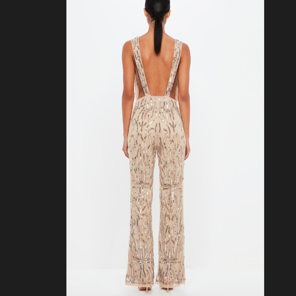 peace + love nude embellished plunge jumpsuit